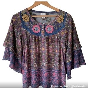 Anthropologie Postmark Cuitadella Embroidered Peasant Top Size L